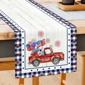 Truck American Flag Stars 4th of July Table Runner Buffalo Plaid Patriotic Independence Day Table Runner Memorial Day Table Runner for Veterans Day Party Decoration