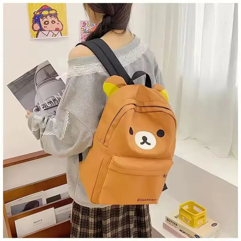 Rilakkuma Cartoon Kawaii Backpack Korilakkuma Embroidery Waterproof Nylon Large Capacity Student School Bag Daily Travel