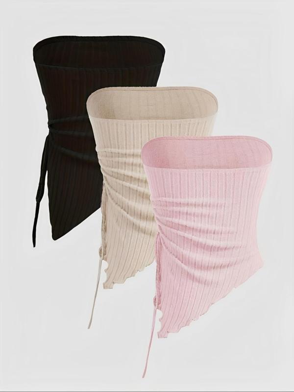 Women's Solid Ruched Backless Crop Tube Top, Casual Drawstring Asymmetrical Hem Sleeveless Top for Summer, Minimalist Women's Clothing for Daily Wear, Casual Fitted Sleeveless