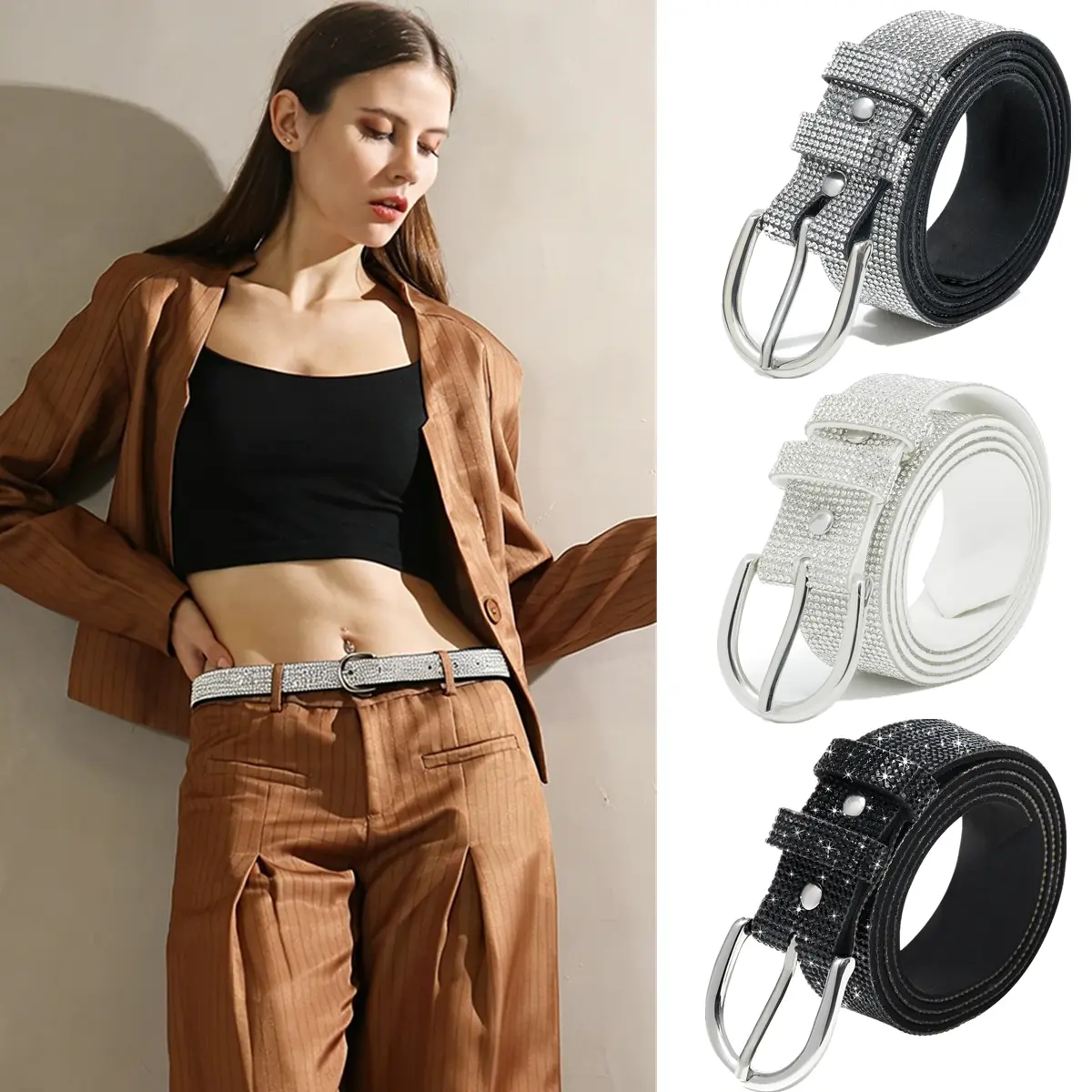 Y2K Rhinestone Belt for Wome Fashion Bling Crystal Vintage Belts Shiny Soft for Party Jeans Dresses