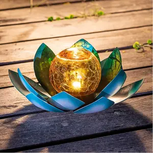 Solar Light Outdoor Garden Decor Blue Metal Crackle Globe Glass  LED Lotus Flower Table Lamp Decorations for Patio Yard Porch Pathway Ground