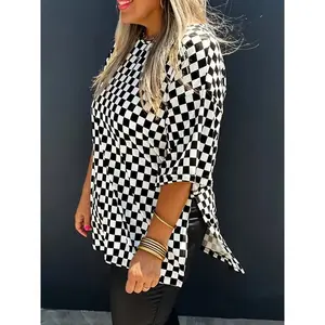 Plus Size Women's Checkered T-Shirt - Stretchy Polyester Blend, Short Sleeve, Round Neck, Machine Washable - Black & White, Allseason Apparel|Round Neckline|Sleek Design, Plus Size Shirts Tops Casual Fabric Womenswear Blouses Crewneck Sheer Plaid