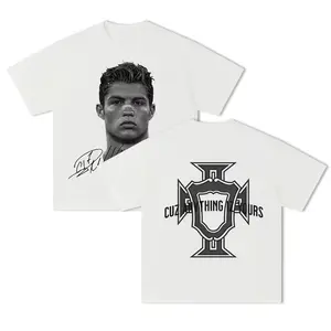 Women's Cristiano Ronaldo Football Superstar Graphic Short-Sleeve T-Shirt - Retro Washed Pure Cotton Fabric, Relaxed Fit, Breathable, Unisex Quote Print, Trendy Sports Casual Apparel For Football Fans