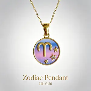14K Gold 12 Zodiac Sign Pendant Necklace | Gold Plated Enamel Star Sign Jewelry, Personalized Astrology Gift for Women