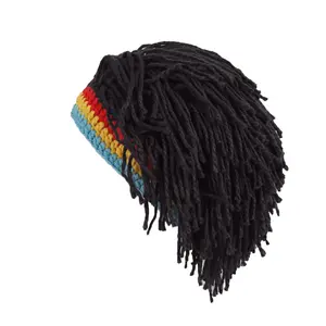 Men's Knitted Hat with Hair, Fun Handmade Winter Beanie Fitted, Rasta Style Braided Design, Boys' Fashion Accessory