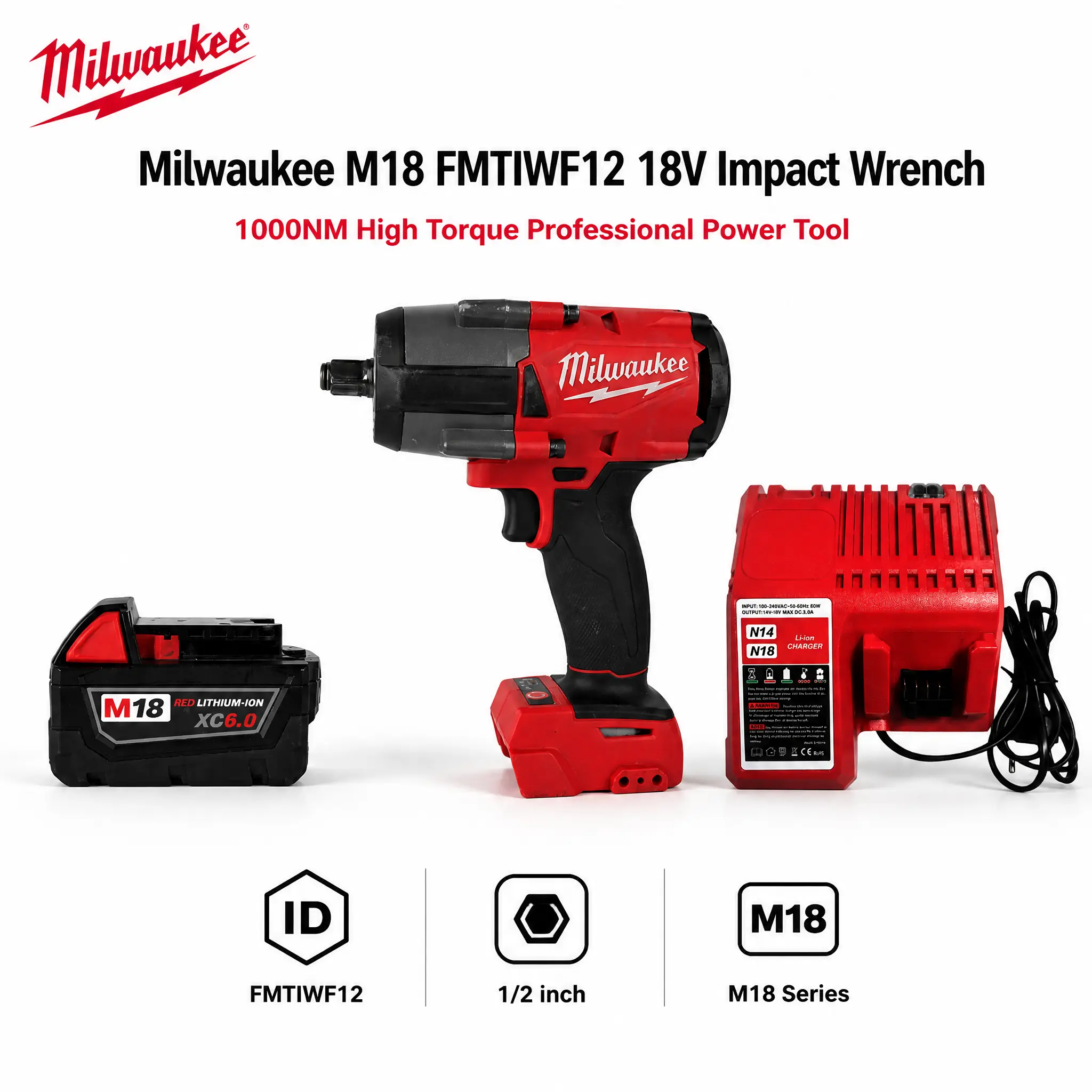 Milwaukee M18 FMTIWF12 18V Cordless 1/2 Inch Impact Wrench Kit for Heavy Steel Structure Erection, High Torque Fastening System Features 750Nm Fastening Torque Matrix Designed for Rapid M22 Anchoring Tasks