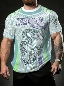 Mexican Special Edition Men's Soccer Jersey & Aztec Round Neck Comfortable Sportswear, Maya Civilization Aztec Print Gift