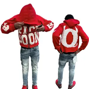 Manfinity EMRG High Street Letter Embroidery Printed Zipper Hoodie, Fun Pattern Men's Sweater, Red Men's Cardigan Sweater, Printed with "RICH SOON" funny hoodie hoodie unisex menswear top casual human operator zip  up  hoodie