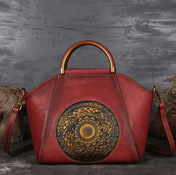 Genuine Embossed Leather Retro Handbag With Totem Pattern