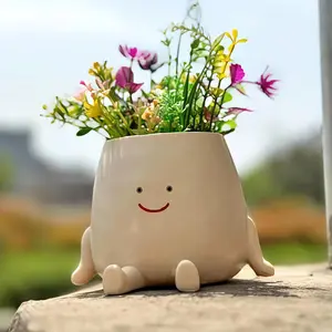 Cute Round Face Sitting Planter, Resin Flower Pot for Succulents, Home Office Desk Decor, Plant Pot Ornament Craft, Planter Pots