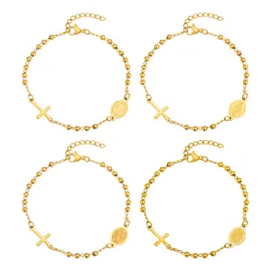 MP Catholic Crucifix Gifts Rosary Bracelet for Women-14K gold plated Virgin Mary Jesus Cross Charm Link Chain, Dainty Virgen de Guadalupe Religious Gift for Confirmation Baptism First Communion Easter cute jewelry trendy hip hop