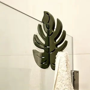Monstera Leaf Glass Shower Door Hook No Drill Bathroom Organizer Hook Towel Coat Key Hanger INS Style Wall Decor Self-Adhesive Durable Bathroom Organizing Accessories Self Adhesive Hooks