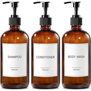 Glass Shampoo and Conditioner Dispenser, Shower Soap Dispenser Bottles with Labels, Refillable Shampoo Conditioner Body Wash Dispensers, Amber Glass Soap Pump Dispenser Set for Bathroom Shower