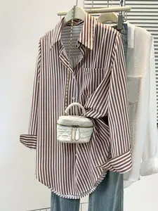 1 piece women's summer striped lapel single-breasted casual simple pocket long-sleeved shirt Blouse, Casual Style Top, suitable for office, vacation, home, daily wear, festivals, four seasons, Casual Classy Top