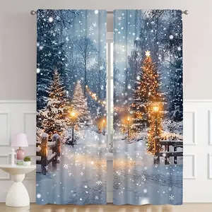 2-Piece, Winter Fairy Curtain - Snow Forest and Pine Scene with Shiny Snowflake, Rod Pocket Design, Window Curtain, Suitable for Bedroom, Living Room, Game Room home office decoration, Winter Fairy Decor, Christmas decoration.