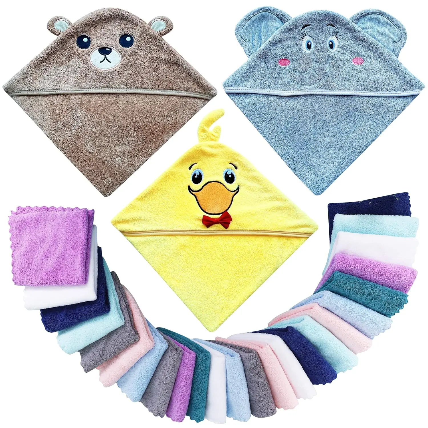 Baby Hooded Bath Towel & Washcloth Sets (3 Pcs Towels, 24 Washcloths, 28''x28'', 70% Polyester 30% Polyamide) - KF5-NG026, Bear/Elephant/Duck Designs, for 3-4 Years Toddlers, Baby Registry Essential, 28'' X 28'', Animals, 3 Pack