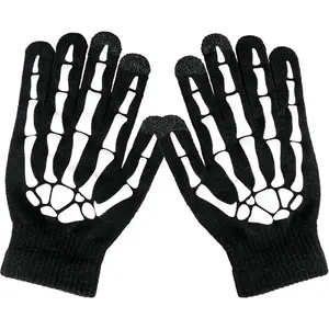 Luminous Halloween Skull Gloves Thickened Skeleton Gloves with Touch Screen Stretch Knit Winter Warm Novelty Gloves