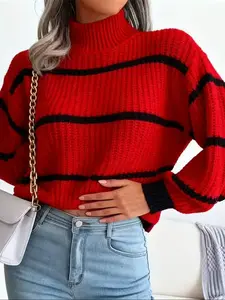Women's Loose Striped Pullover Sweater, Fashion Autumn Winter Long Sleeve Knit Top, Casual Style, Comfortable Fit, Perfect for Daily Wear, Knitwear