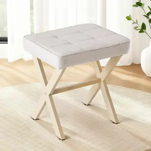Modern Square Ottoman Stool with Linen Upholstery & Metal X-Legs | Versatile Footstool for Vanity, Living Room & Entryway | Beige & Gray