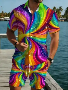 A set of 2-piece men's bright rainbow vortex shirt and shorts, lightweight and comfortable, suitable for outdoor gatherings, poolside, vacations or casual wear. The eye-catching design, made of polyester fabric.