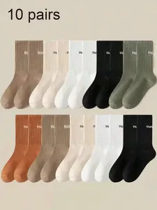 Women's Letter Print Crew Socks, Casual Moisture Wicking Mid-calf Socks, Soft Comfy Breathable Clothes for All Seasons Daily Wear