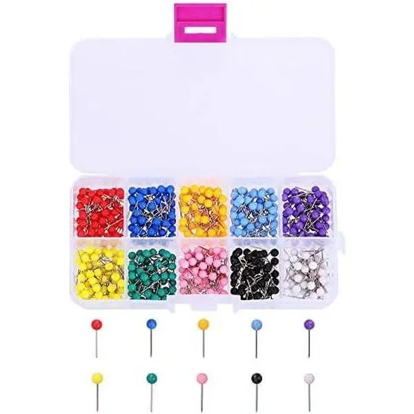 500-Pieces Plastic and Steel Map Push Pins, 1/8in Small Ball Top Marking Tacks for Travel Maps, Bulletin Boards