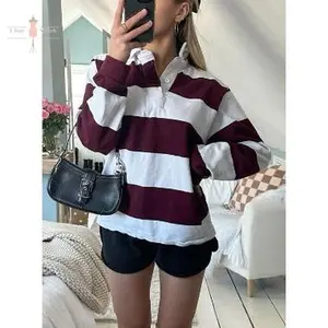 Women Striped Rugby Shirt Y2k Long Sleeve Oversized Polo Sweatshirt Vintage Collared Shirt Pullover Top Streetwear Casual Blue Breathable Chic