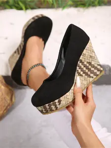 Women's suede woven wedge heel high heels with shallow mouth, round toe, waterproof platform, thick sole, single shoe, commuting, leisure, height increasing shoes