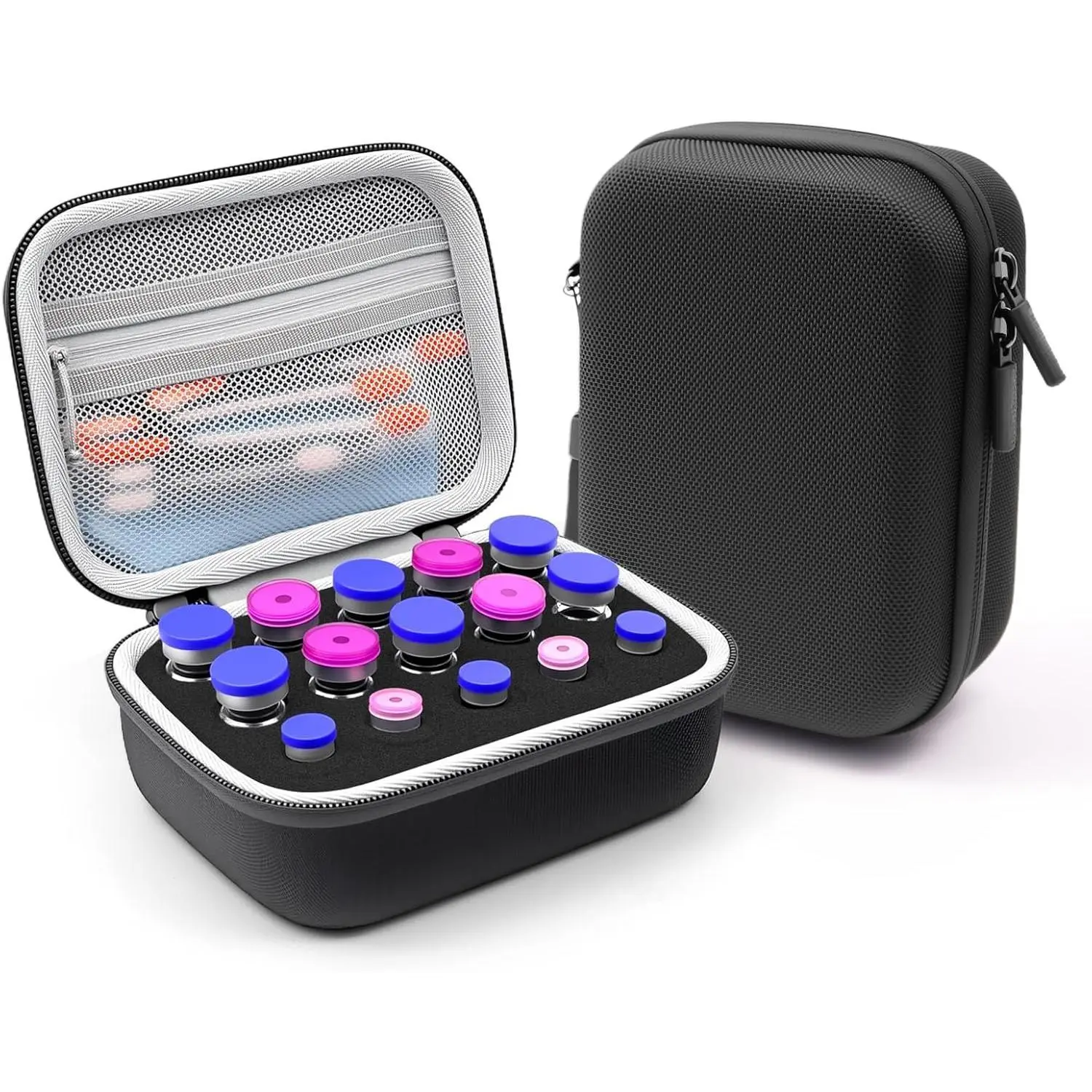 15-Slot (Zipper Pocket) Plastic Insulin Vial Protector Case - Plastic Organizer Pouches, Travel Organizer Containers, Portable Fridge Holder for Diabetics, Fits 1ml 3ml 5ml 10ml Vials, Reduces Juggling (No Ice Pack)