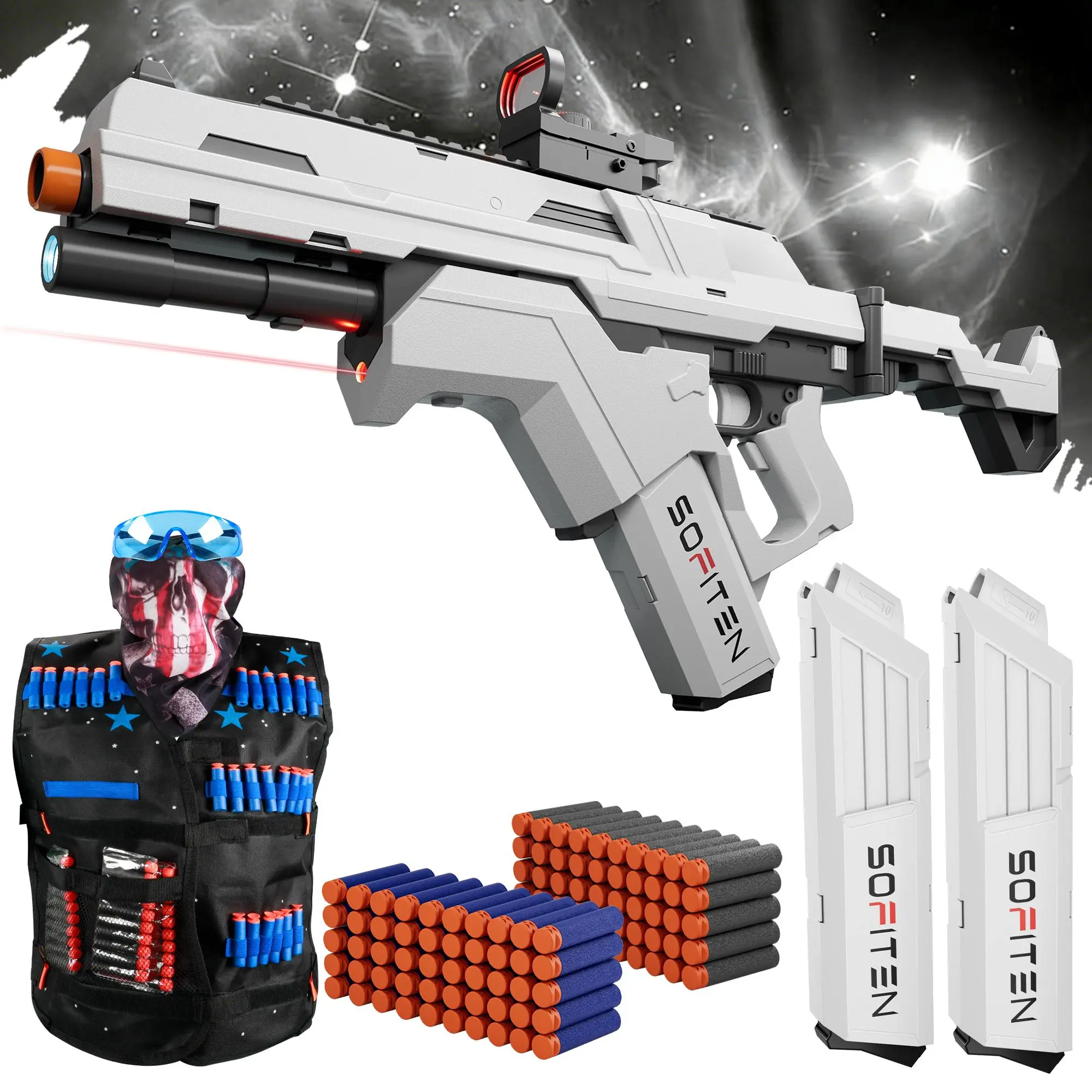 SOFITEN Ascend N,7.4V Full Auto high speed Toy foam blaster set / Infrared / Flashlight / Power Indicator & Foldable Stock / 100 darts, Toy gun set ideal for 8+ boys girls; For Gift / family party / outdoorfun / Birthday / Practice #sohochic