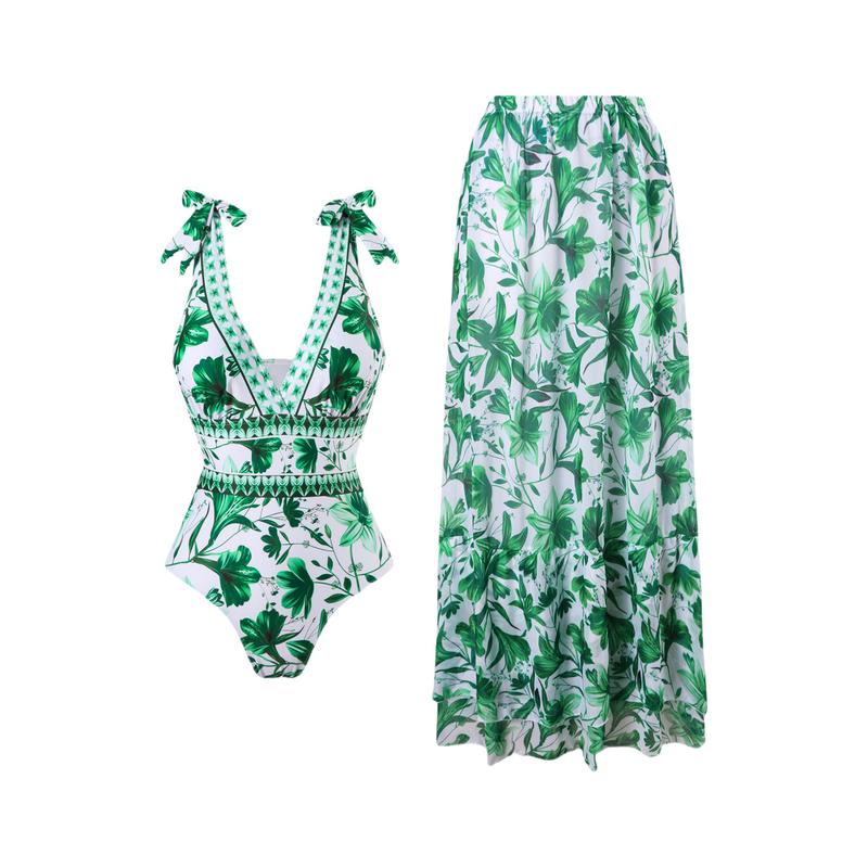 Women's V Neck Bohemian Print One-Piece Swimsuit and Matching Cover Skirt Set Summer Swimdress Swimming Vacation Beach Bathing SuitSuit Stylish Beachwear