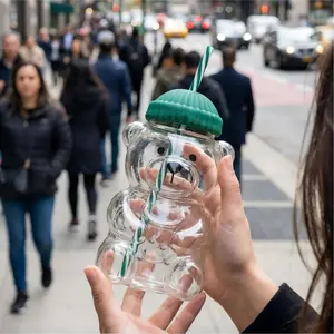 2026 New Cute Bear Glass Cup Leak-Proof Tumbler with Lid & Straw ,Reusable Water Bottle for Kids,Iced Coffee,Milk & Juice,Summer Gift for Women & Girls