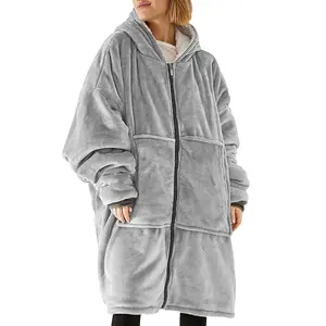 TFNOSIZE Unisex Hooded Blanket Robe Thick Zip-Up Wearable Cozy TV Blanket for Home Winter Lounge Unisex Design Fleece Material Hooded Design