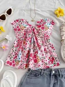 Summer Fashion Sexy Floral Printed Top, Vacation Casual Tie Waist A-Line Ruffle Hem, Elegant Loose-Fitting All over Print Top