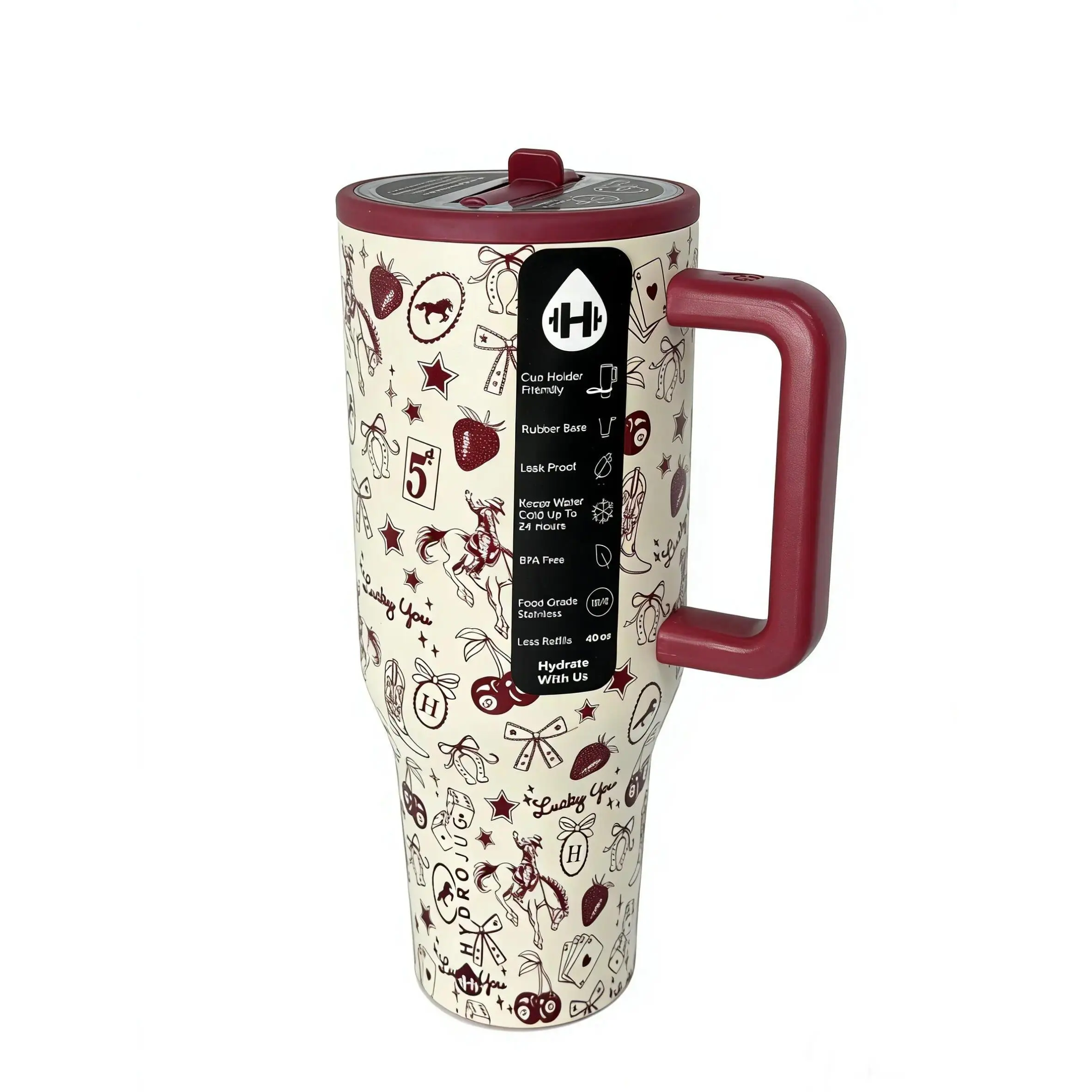 HydroJug 40oz Lucky You Cowgirl Tumbler Stainless Steel Insulated Water Bottle with Handle & Leak-Resistant Straw Lid Perfect Gift for Western Lovers Portable Drinkware Flasks Mug Bottles Stylish Western-Themed Accessory Bottled, Letters