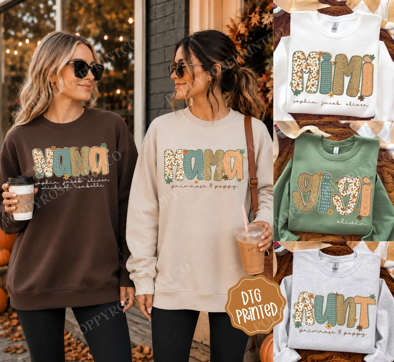 Personalized Gold Glitter Fall Mama, MImi, Gigi, Nana, Aunt Gildan Sweatshirt, Trendy Women's Crewneck