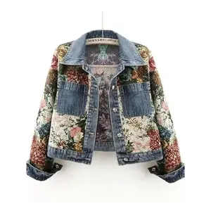 Fashion Jacquard Floral Embroidery Denim Jacket Women Slim Short Cowboy Outerwear Streetwear Big Pocket Cropped Jeans Coat