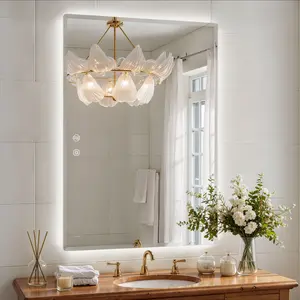 LED Bathroom Vanity Mirror 32"x24" Beveled Rectangular Frameless Wall Mirror with 3-Color Lights, Anti-Fog, Smart Touch, TikTok Trending Home Decor