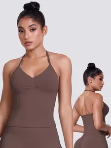 Women's Sexy Sleeveless Yoga Seamless Vest Top, Thin Strap Halter Neck Tank, Solid Color Running & Pilates Wear, Comfortable Sportswear