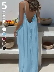 High Elasticity Backless Long Dress, Loose Fit, Plus Size Friendly, Elegant Sleeveless Plain Design, Perfect for Casual Wear