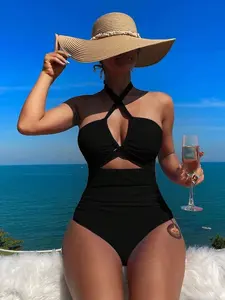 Summer Beach Solid Black Halter Neck Knotted Cutout Swimsuit Sleeveless Backless Criss Cross Ruched Bikinis with Removable Padding