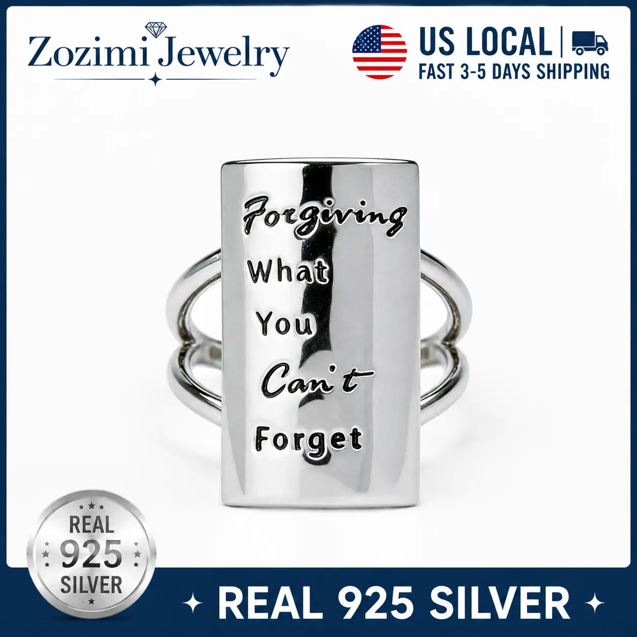 925 Sterling Silver Wide Curved Bar Engraved Quote Ring "Forgiving What You Can't Forget" Double Split Band Inspirational Motivational Statement Ring Hypoallergenic Rhodium Plated Healing Mental Health Fine Jewelry