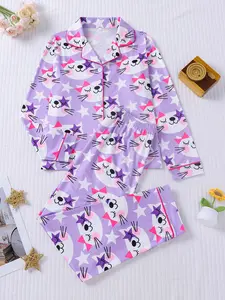 2-piece set of big boys, girls, boys, stars, happy cats, Halloween long sleeved pants, soft and comfortable button closure elastic waistband, suitable for all seasons home, casual sleepwear, regular wear, Casual Comfy Pajama, Collared Pajama Set