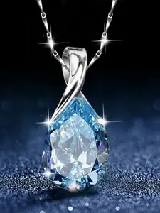 Aqua Blue Water Drop Necklace for Women Synthetic Zirconia Inlay, Elegant Chain Necklace Wedding Jewelry Gift , Perfect Birthday Anniversary Present for Her