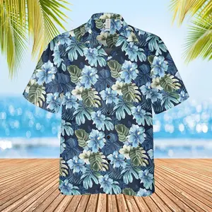 Blue Hibiscus Hawaiian Shirt, Beach  Flower Design Aloha Shirt, Tropical Summer Short Sleeve Shirt, Perfect Gift for Him or Her