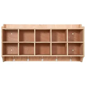 Hanging Coat Locker with 10 Cubby Storage Organizer Cubes, Daycare Shelves with Hooks and Shelf, Durable Furniture for Kids Toys and Classroom, Natural Wood Finish
