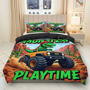 3PCS Duvet Cover Set, 1 Duvet+2 Pillowcases(Without filler),  Truck Dinosaur Desert Playtime Racing theme, Halloween bedding set, Fun Bright Colorful Energetic Unique Suitable for decoration Bedroom Living Room Guest Room Dormitory.