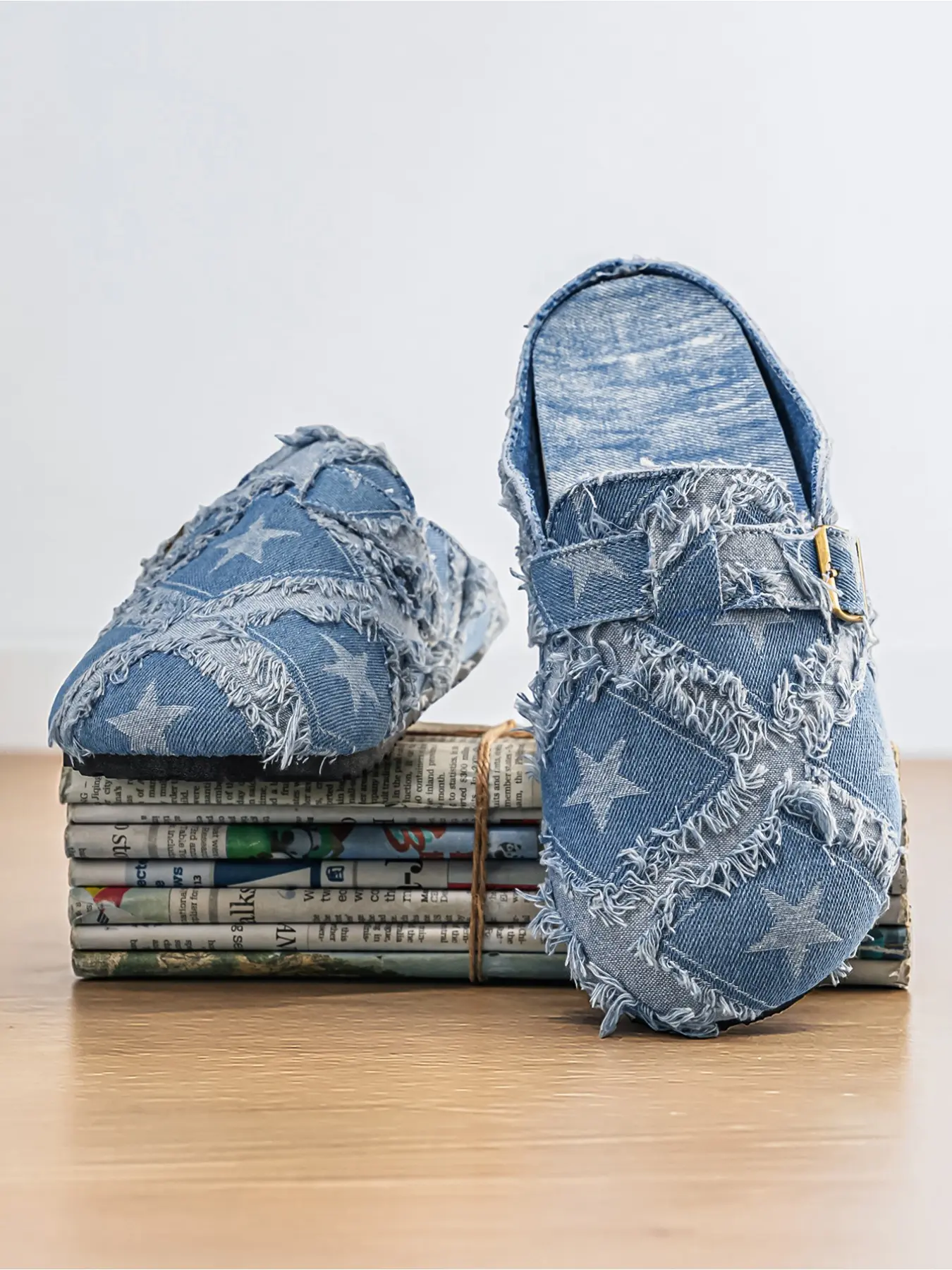 Retro Cowboy Style Star Pattern Design Slippers Soft Bottom Comfortable Baotou Sports Sandals, Broken Holes and Hairy Edge Trendy Half Dragged Beach Shoes