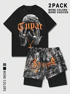 Men's Hip Hop, Tupac Graphic Short Sleeve T-Shirt & Camo Double Layer Shorts Set, Streetwear Casual Tracksuit, 2 Pack