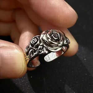 Retro Rose Flower Adjustable Open Ring For Women Men Silver-plated Copper Punk Gothic Edgy Jewelry Unisex Accessories Love Gift
